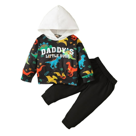 18 Months Baby Boys Clothes 24 Months Boys 2PCS Hoodie Outfits Set Letter Dinosaur Print Toddler Boys Long Sleeve Hoodie Top Pants Set Black