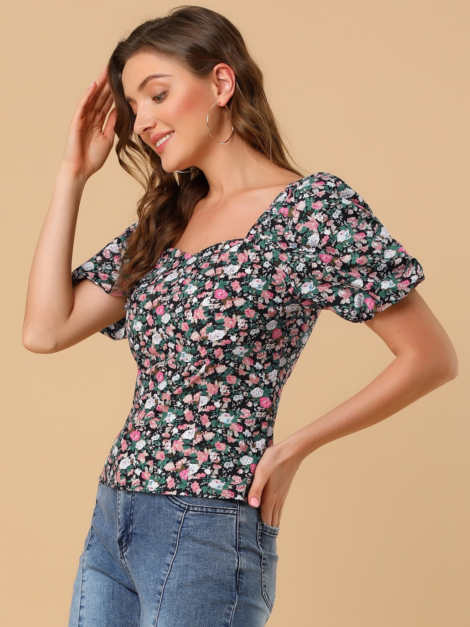 DARING DIVA Puff Sleeve Sweetheart Neck Smocked Floral Top XL Black