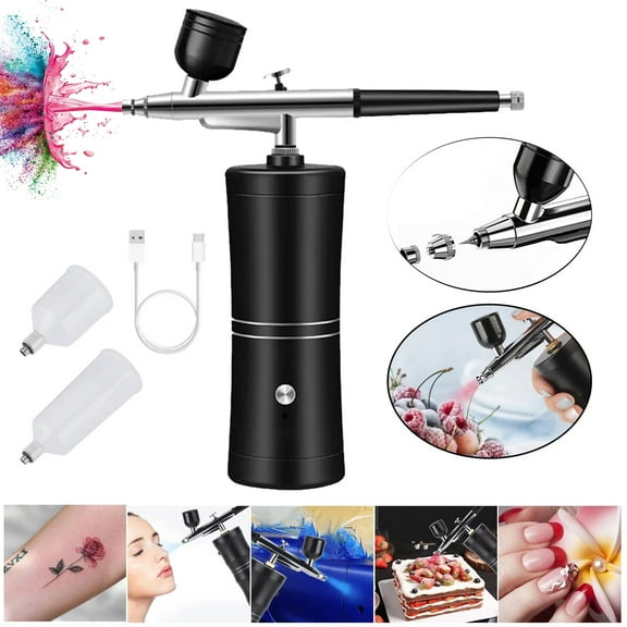 Airbrush Kit with Compressor, Rechargeable Auto Handheld Airbrush Set, Portable Air Brushes for Painting, Tattoo, Nail Art, Model Coloring, Makeup, Black