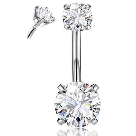 G23 Titanium Sterling Silver Navel Ring,Round Diamond Double Head Belly Button Ring, Hypoallergenic Navel Stud,Cubic Zirconia Eyebrow Stud,Stainless Steel Body Piercing Jewelry 1Pcs 10mm