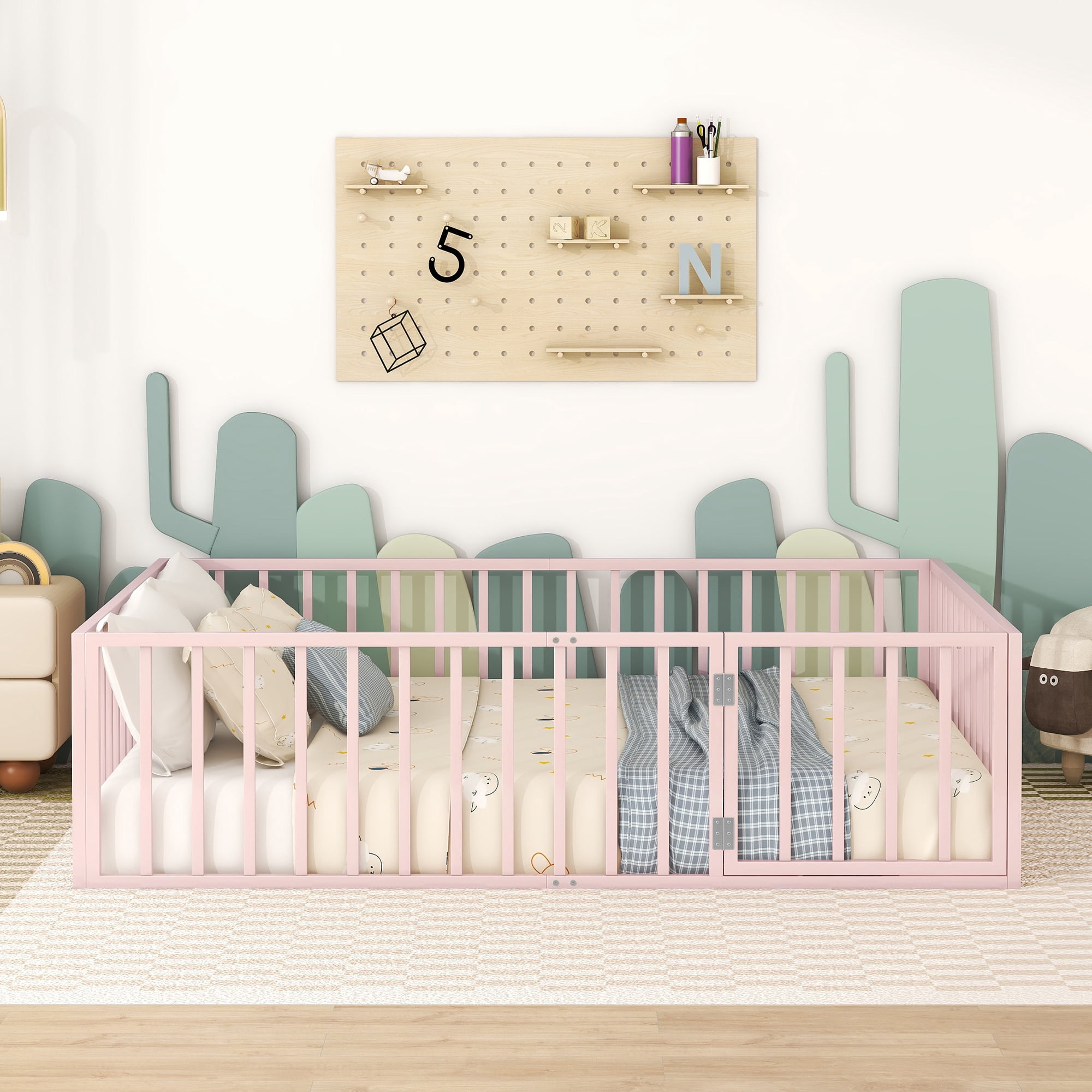 Queen Size Floor Bed with Fence and Door, Low Profile Metal Montessori Bed Frame with Slats Supports,Easy Assembly, No Box Spring Needed,Pink