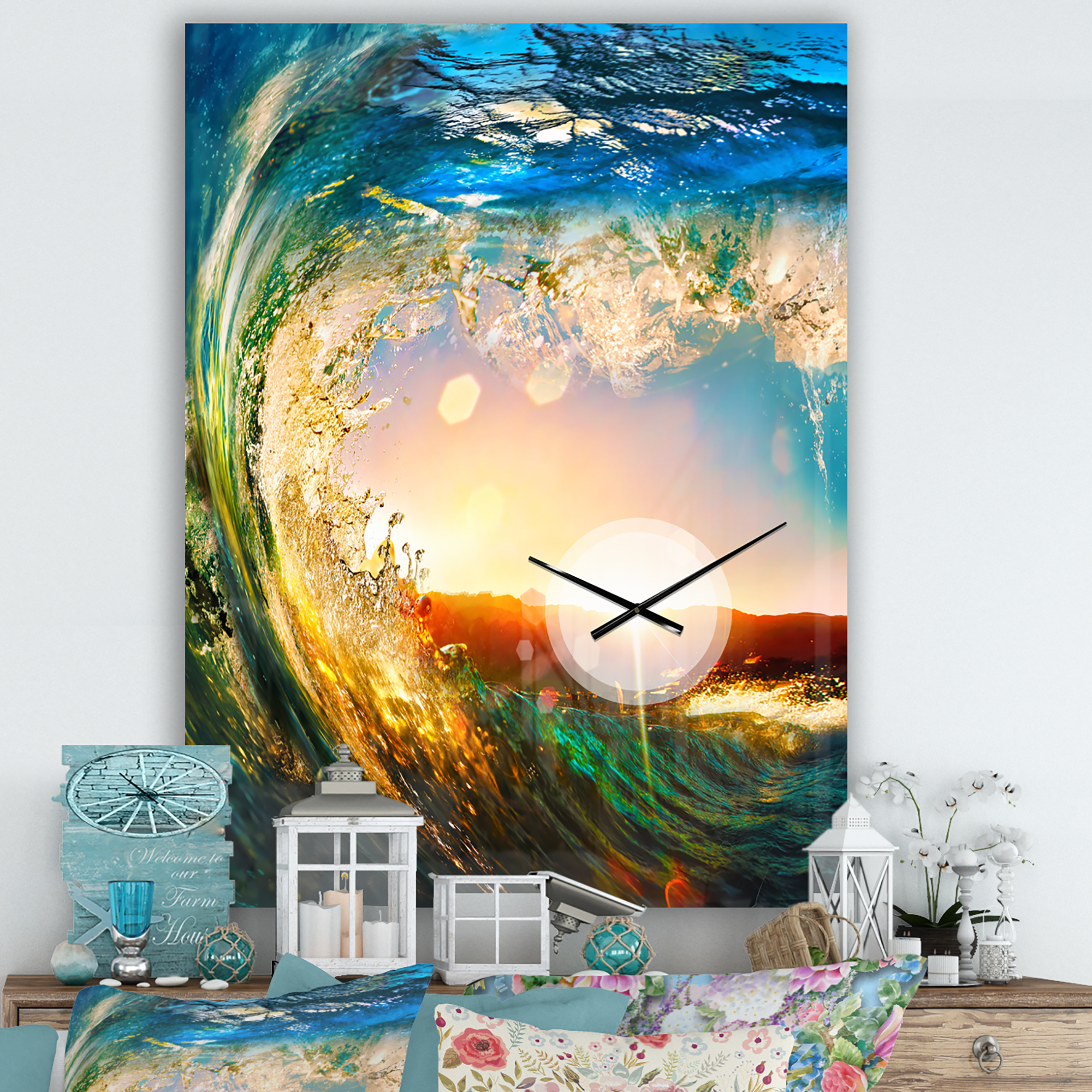 Designart 'Colored Ocean Waves Falling Down' Modern wall clock