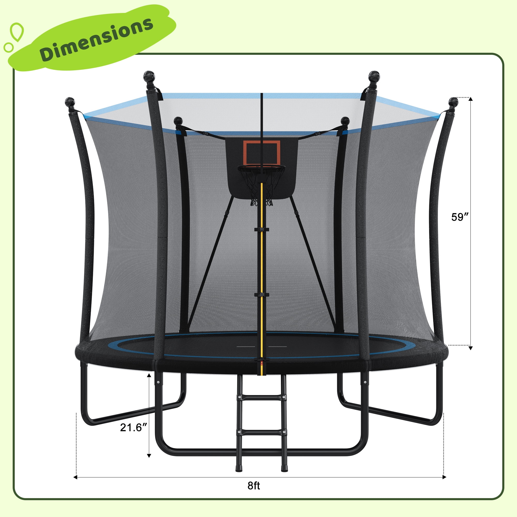 Arspjes 8FT Trampoline for Kids,Outdoor Trampoline with Enclosure net and Ladder,Backyard Recreational Trampoline,Black