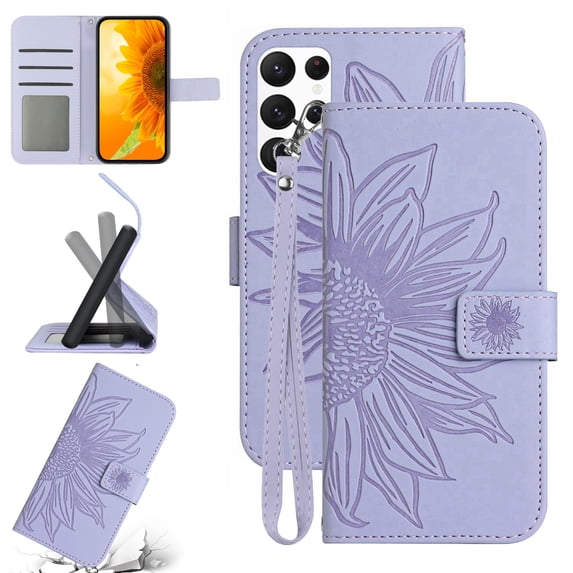 Feishell Slim Wallet Case for Samsung Galaxy S22 Ultra,for Men Women,Sunflower Embossed Pattern PU Leather Flip Cover Magnetic Closure Folio Card Slots Kickstand Phone Case with Hand Strap,Lightpurple