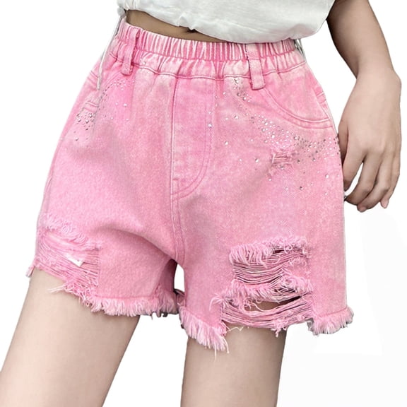GiLiling Girls Distressed Denim Shorts, Elastic Waist Ripped Frayed Hem Sparkle Summer Jean Shorts for Kids Teens (Pink, 15-16 Years)