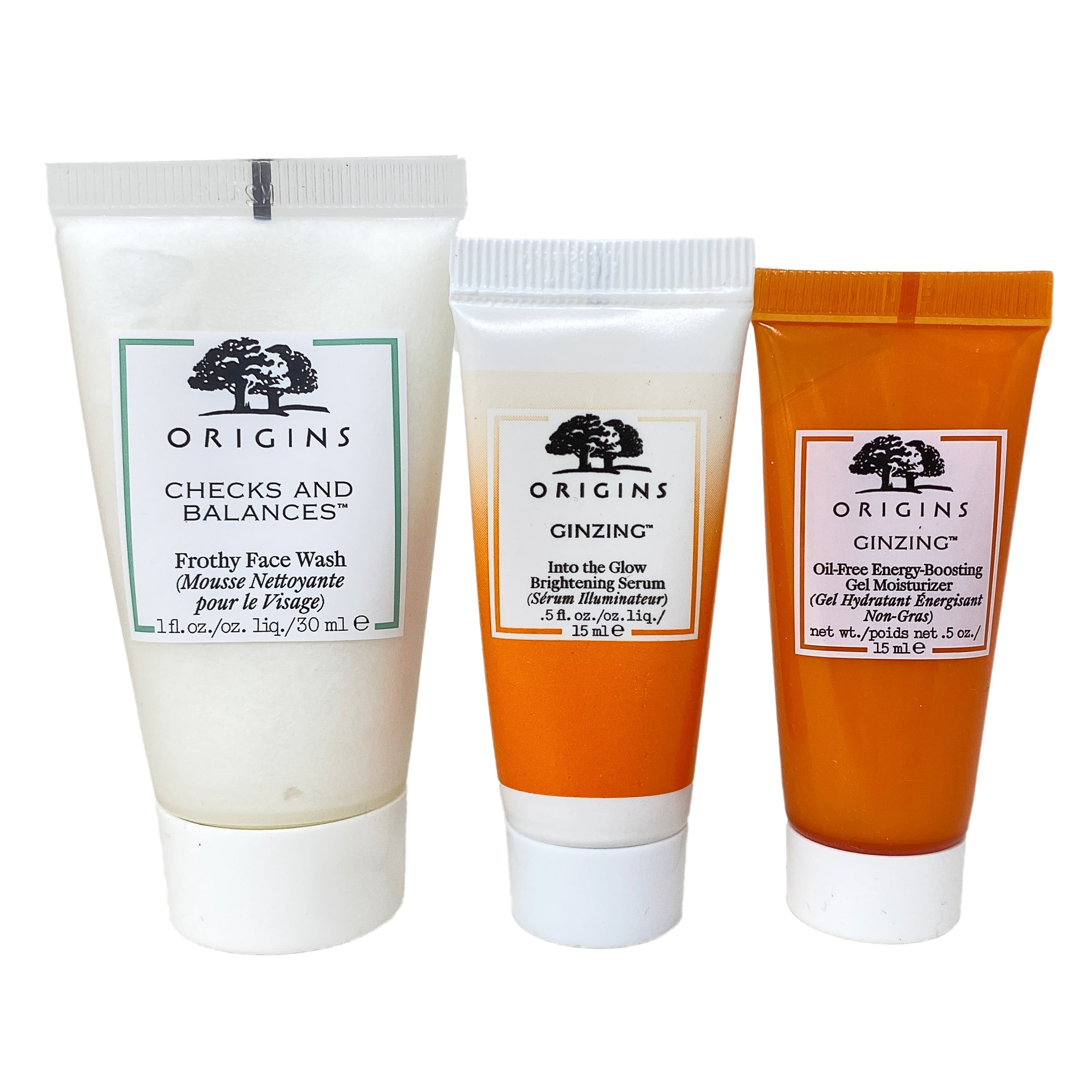 Origins Good Skin Goes With Everything Mini Trio Set -Face Wash, Brightening Serum and Gel Moisturizer - with a Bag - Travel Size