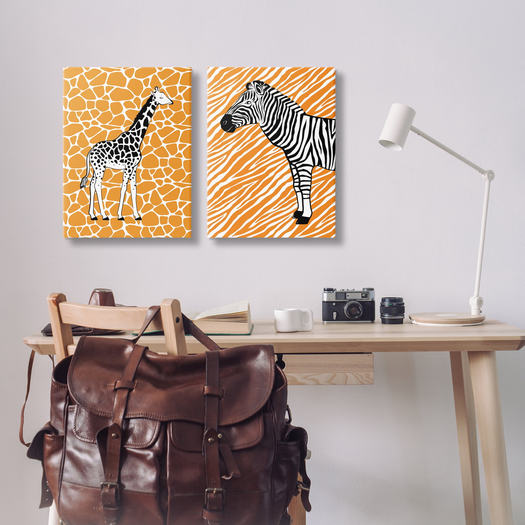 Stupell Industries Jungle Animals on Orange Animals Painting Wrapped Canvas Art Print Wall Art, 16 x 24, Set of 2