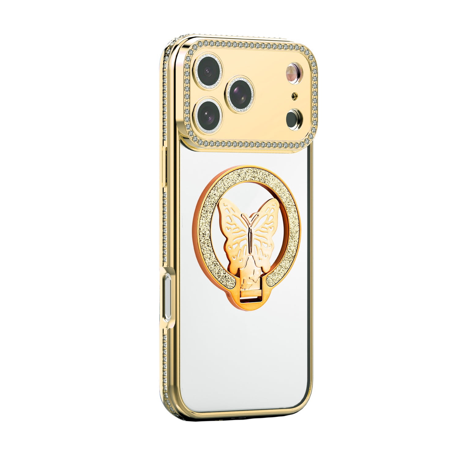 Sparkling Butterfly Stand Case for iPhone 17 Pro Max - Gold