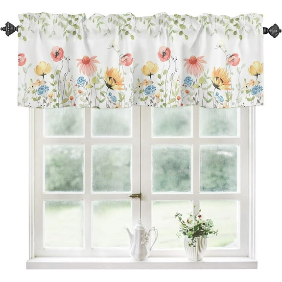 Kitchen Curtain Valance, Flower Spring Wildflowers Farm Floral Leaf Plant Short Rod Pocket Window Curtain for Bedroom, Bathroom, 1 Panel, 54" W x 18" L