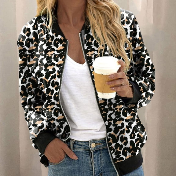 Women Cheetah Leopard Print Bomber Jacket Casual Long Sleeve Zip Up Baseball Coat Outwear Fashion Apparel Clothing Black L