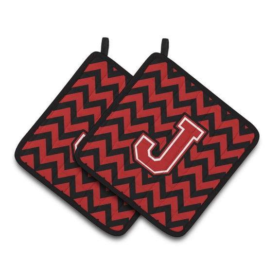 Letter J Chevron Black and Red Pair of Pot Holders
