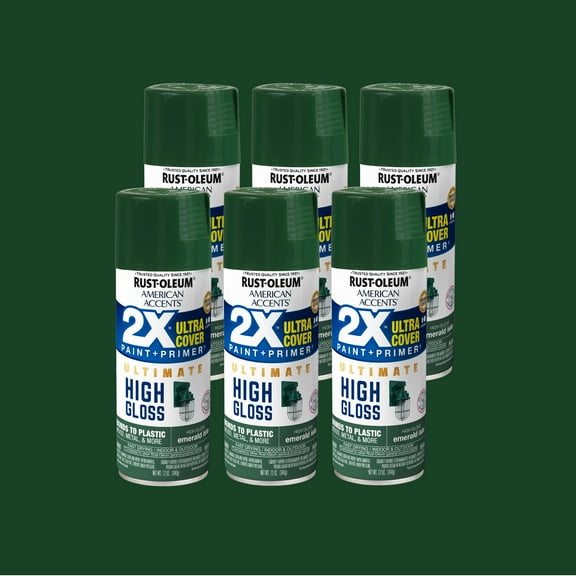 6 Pack, Emerald Isle Rust-Oleum American Accents 2X Ultra Cover Hi-Gloss Spray Paint-365055, 12 oz