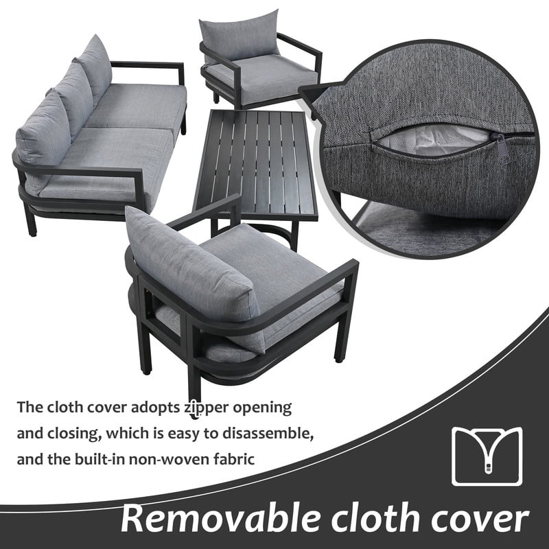 4-Piece Steel Frame Outdoor Sectional Sofa Set with Coffee Table, Patio Conversation Set with Cushions, Patio Furniture Set for Garden, Lawn & Backyard