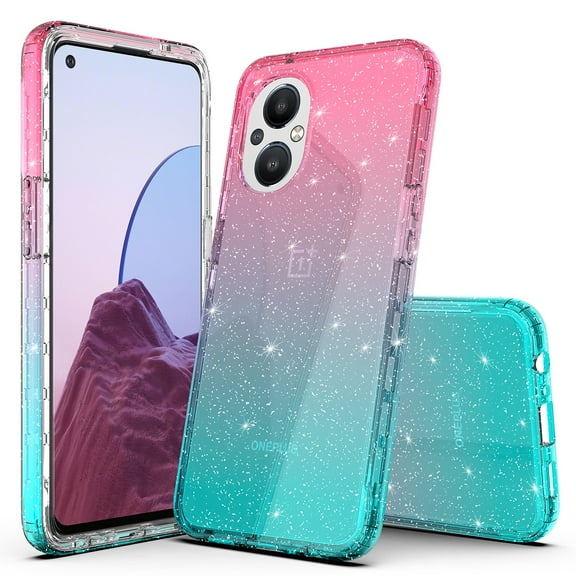 Rosebono Hybrid Glitter Sparkle Transparent Gradient Cell Phone Case for OnePlus Nord N20 5G, Blue/Pink