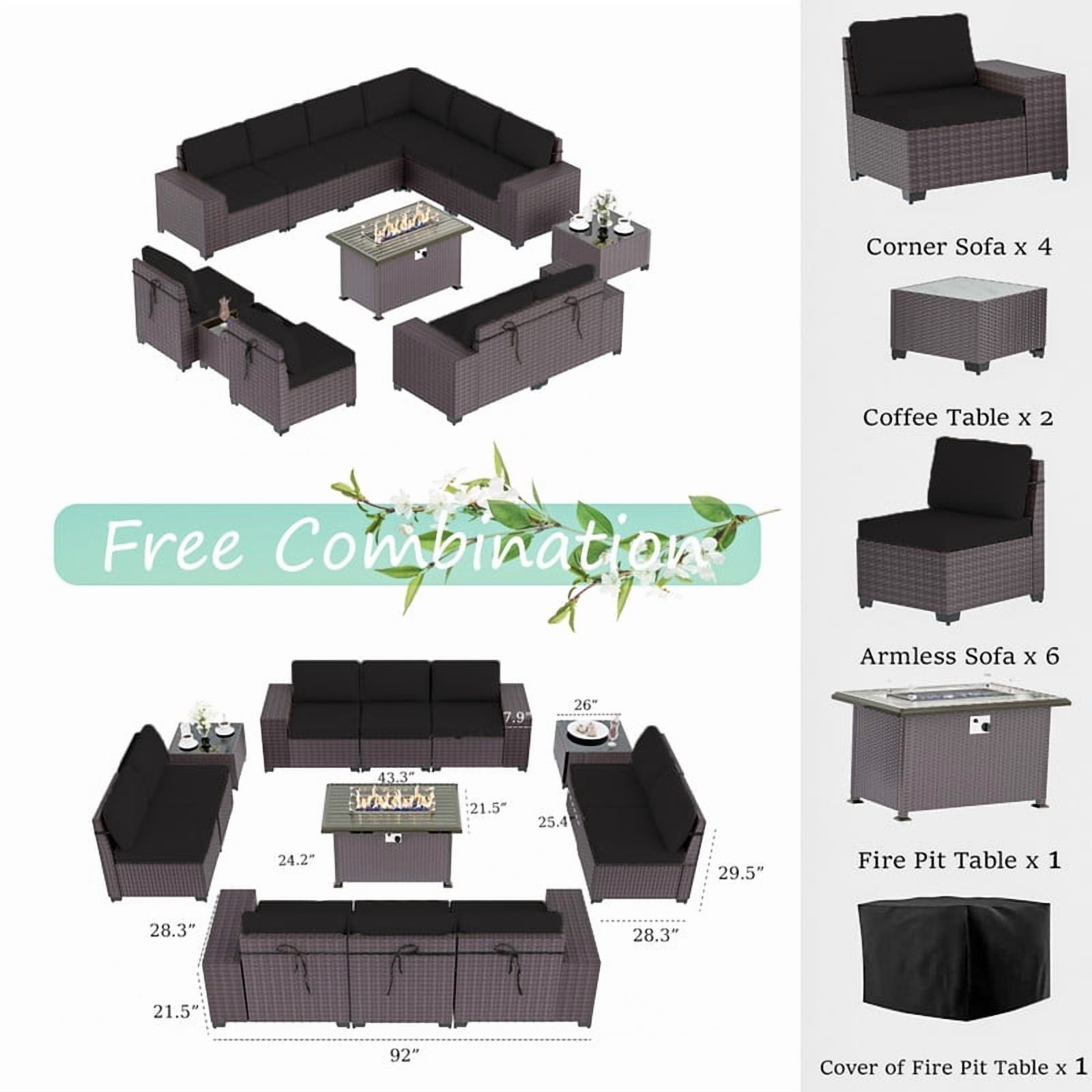 ALAULM Patio Conversation Set, 13 Piece Weave Rattan Outdoor Conversation Sets with Gas Fire Pit Table, Black