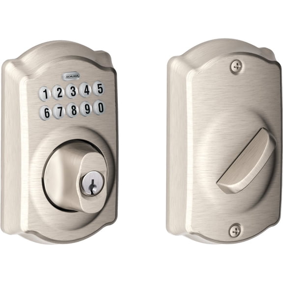 Schlage Camelot Electronic Keypad Deadbolt Lock, Keyless Front Door Entry, Mechanical Key Backup Included, Satin Nickel, BE365 V CAM 619