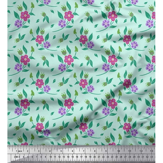 Soimoi Moss Georgette Fabric Leaves & Periwinkle Floral Decor Fabric Printed Yard 42 Inch Wide