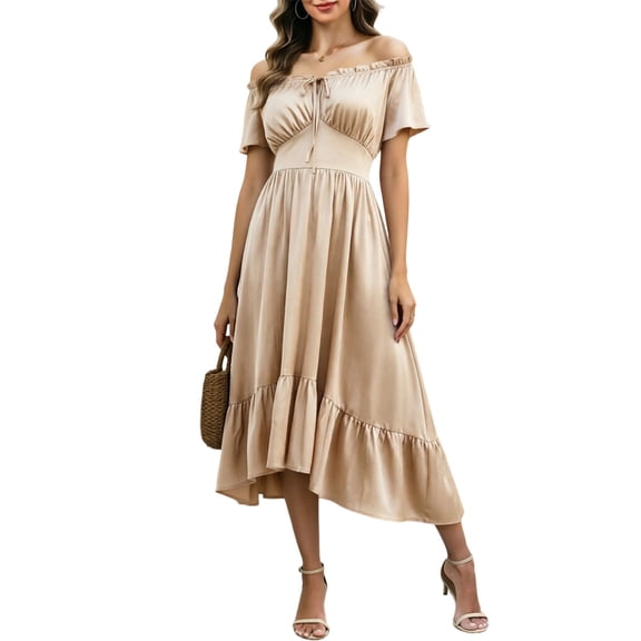 KICILVS Victorian Dress for Women Color Block Square Neck Bell Sleeve Tie Front Flared Maxi Length Party Dress Gown Beige