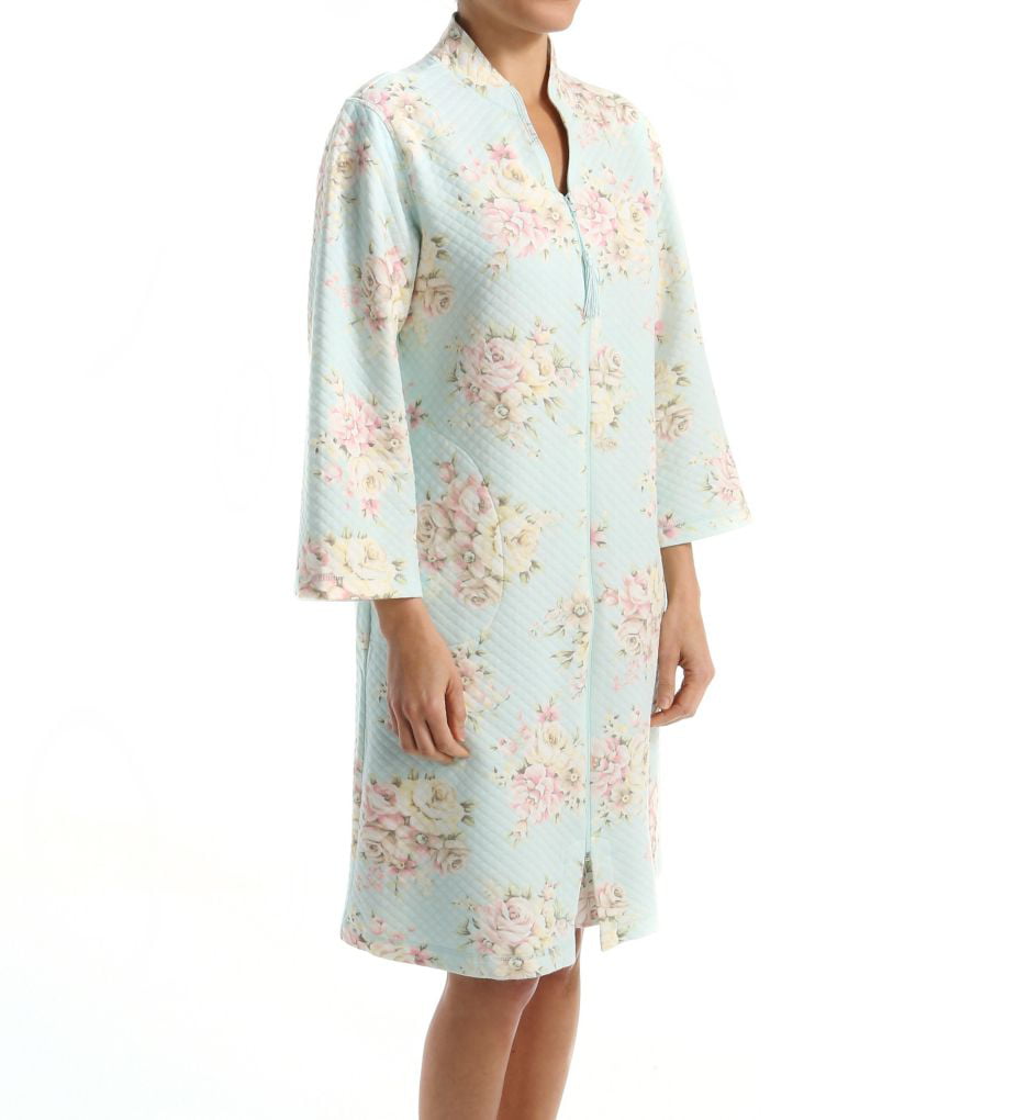 M Miss Elaine Fleece Robe Floral Print Short Robe Zipper front S L