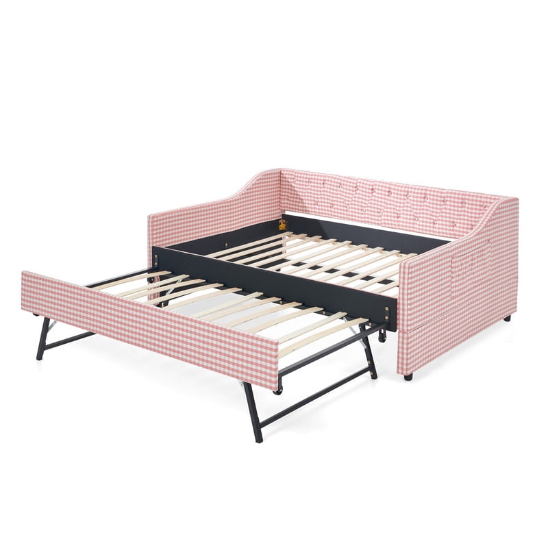 Full Size Daybed with Pop Up Trundle, Gingham Upholstered Daybed Frame with Tufted Button Backrest and Side Storage Pocket, Modern Sofa Bed for Living Room Bedroom