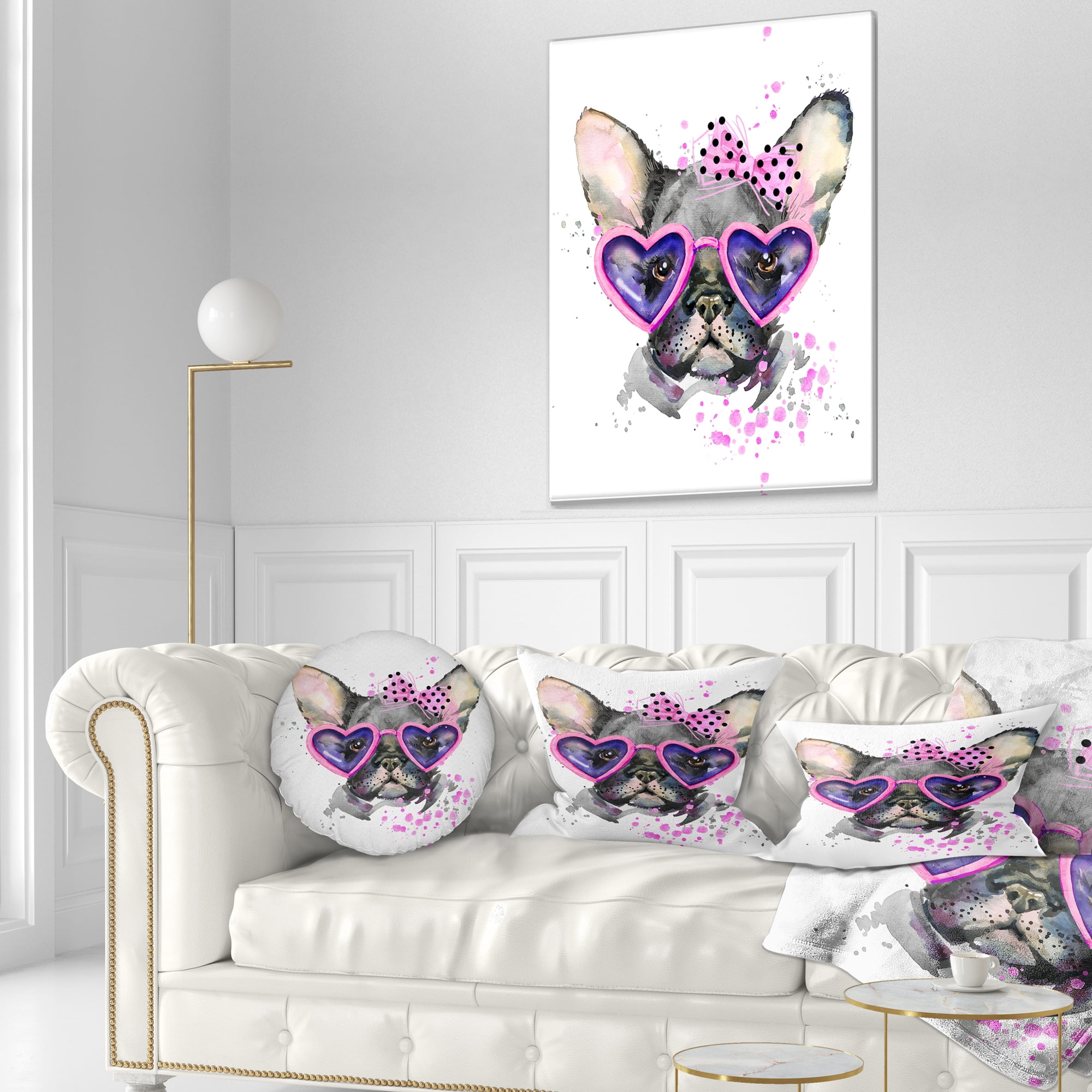 Designart Cute Dog with Pink Glasses - Animal Throw Pillow - 12x20