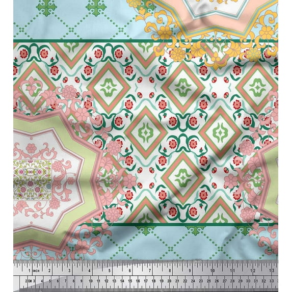 Soimoi polyester Crepe Fabric Check & Mandala Patchwork Printed Fabric 1 Yard 42 Inch Wide