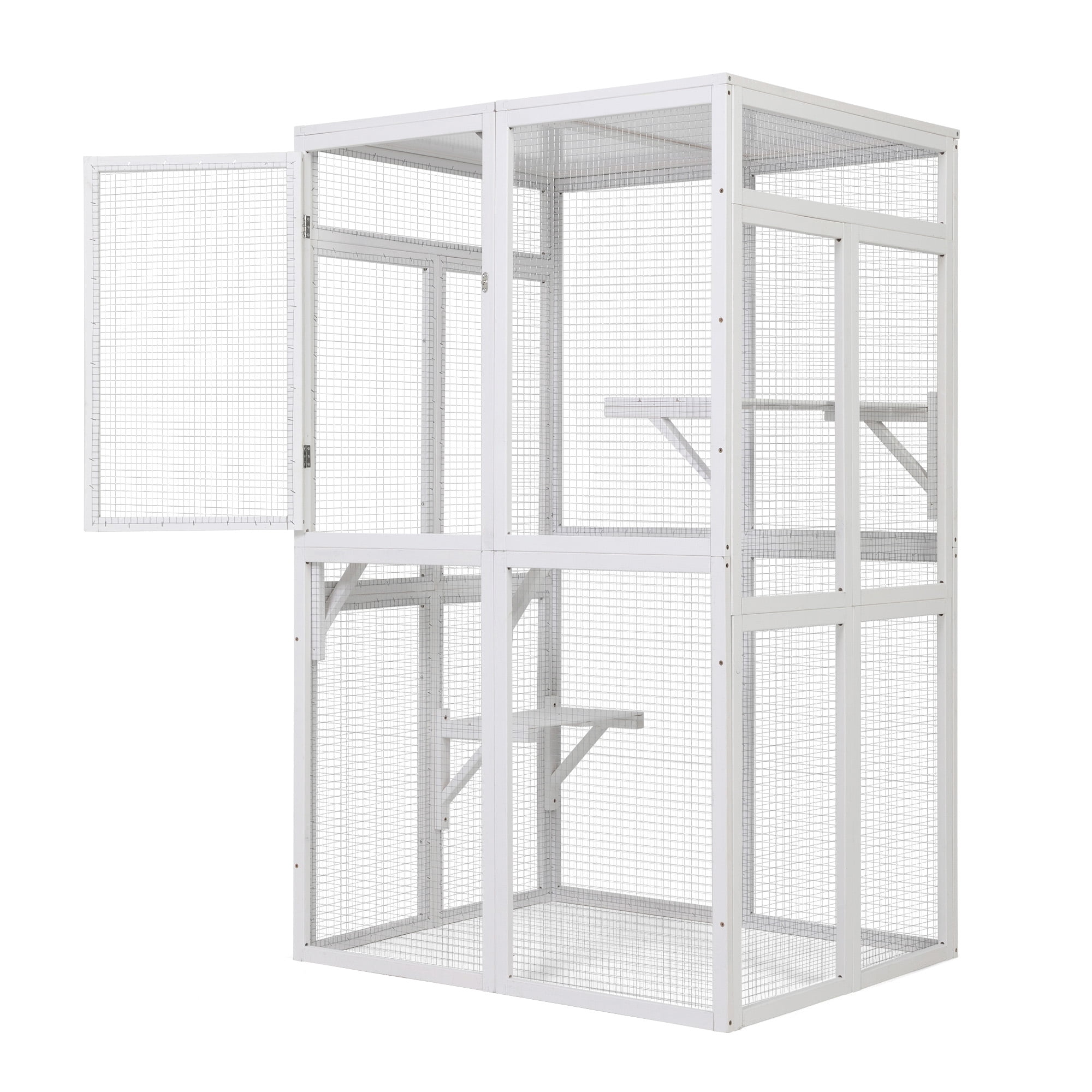 Imerelez Wooden Cat Catio, Outdoor Cat Enclosure, Cat House with Platforms, Sunshine Board, Hammock, Door, Kitten Cage Condo, White