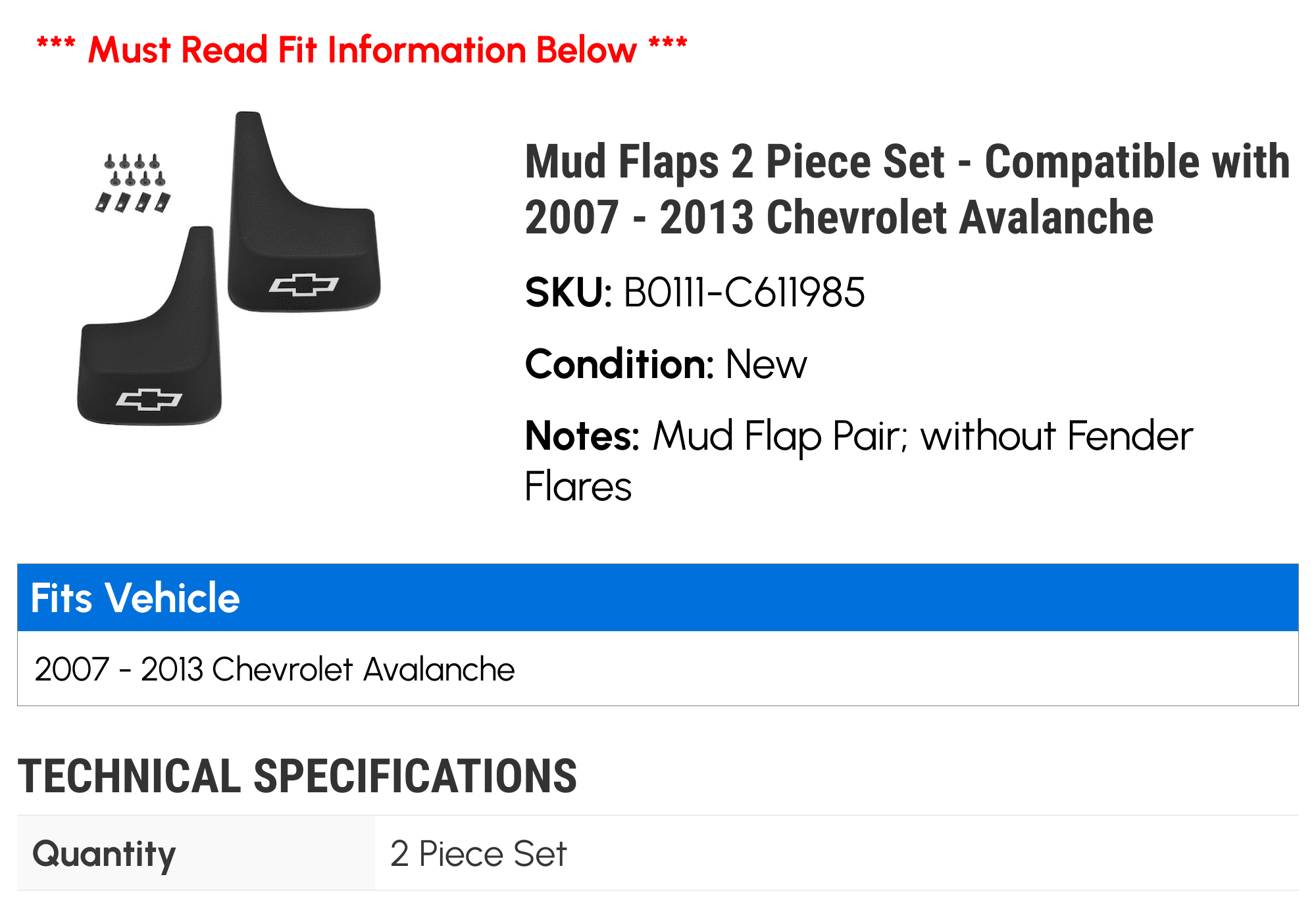 Mud Flaps 2 Piece Set - Compatible with 2007 - 2013 Chevy Avalanche 2008 2009 2010 2011 2012