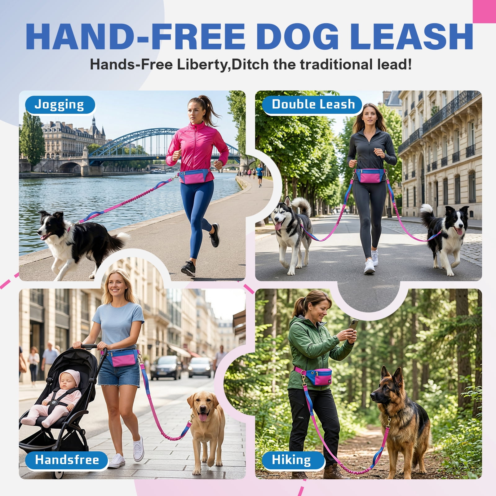 Tirevt Hands-Free Dog Leash: Versatile Color-Block Bungee for Large & Multi-Dog Walking, Modular Tech-Pouch, Sponge-Padded Waist Belt for Running, Hiking & Urban Strolls