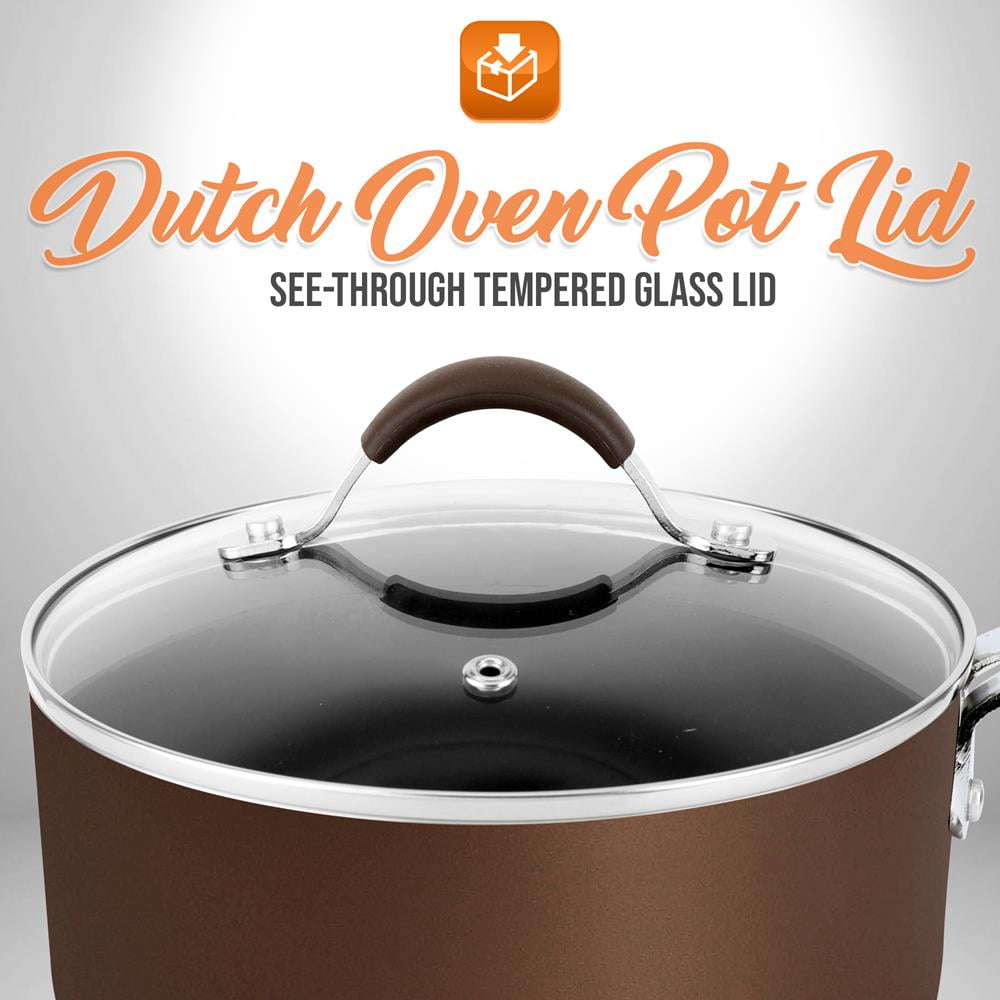 NutriChef Dutch Oven Pot Lid - See-Through Tempered Glass Lids, Stainless Steel Rim, Brown