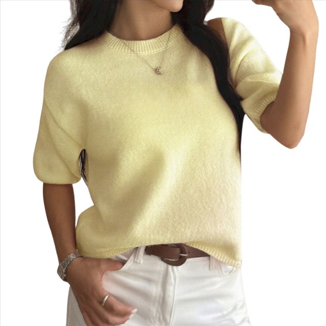 Suéteres de Verano para Mujer, de Corta, Cuello Redondo, Ligeros, Holgados, Elegantes, Informales, Tipo Blusa Amarillo M