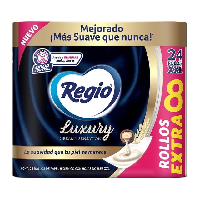 papel higiénico regio luxury creamy sensation 24 rollos con 210 hojas dobles c/u Paquete frontal con logo Regio en corazón azul, fondo negro y acentos dorados; texto "Luxury" y "Creamy Sensation", sello "Odor Control" y leyenda "Mejorado ¡Más suave que nunca!"; banda lateral rosa con "24 rollos XXL" y "Rollos Extra 8"; ilustración de gota cremosa y espiga que indican aroma a avena y macadamia según especificaciones.