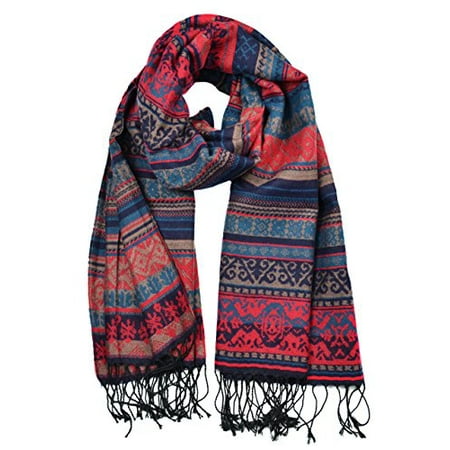 Sassy Scarves Women's Bohemian Stripes Fringe Detail Oblong Scarf (Burgundy)