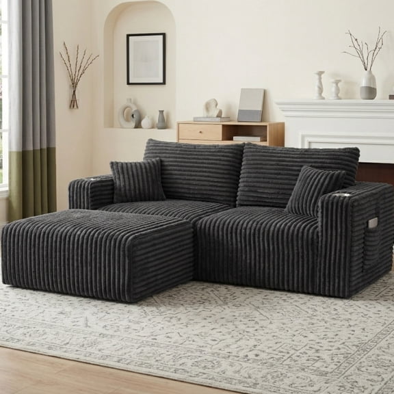 Crybaest 67" Corduroy L-Shaped Modular Sectional Sofa, 2-Seat Boneless Floor Couch with Chaise Ottoman, Cup Holders, No Assembly, Living Room, Black