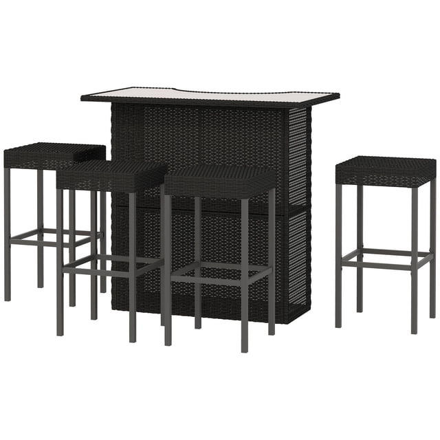 Black 5-Piece PE Rattan Outdoor Bar Set with Glass Top & Storage | Patio High Top Table & 4 Stools for Garden, Deck & Poolside Entertaining