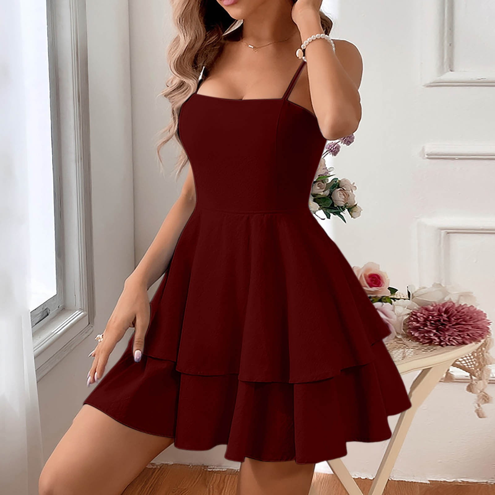 Luwomo Graduation Dresses for Women Summer Blue Sling With Square Neckline And Backless Bow Double Ruffle Hem lightweight Dress RD1 L