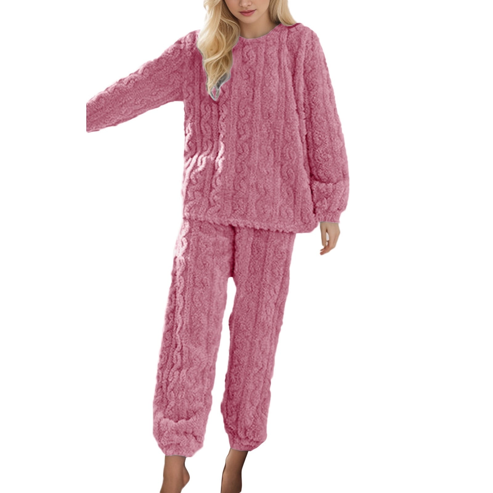 GDREDA Women's Pajamas Warm Pajamas For Women Fuzzy Pajama Sets Cozy Oversized Pullover Pants Sets Loungewear 2 Piece Women Pajama Sets pyjamas Pink,One Size