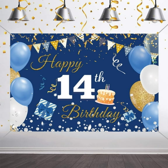 7x5FT Groovy 14th Birthday Decorations Backdrop Banner for Boys/Girls Happy 14 Years Old Fabric Sign Poster Blue Photography Background 14th Birthday Party Supplies