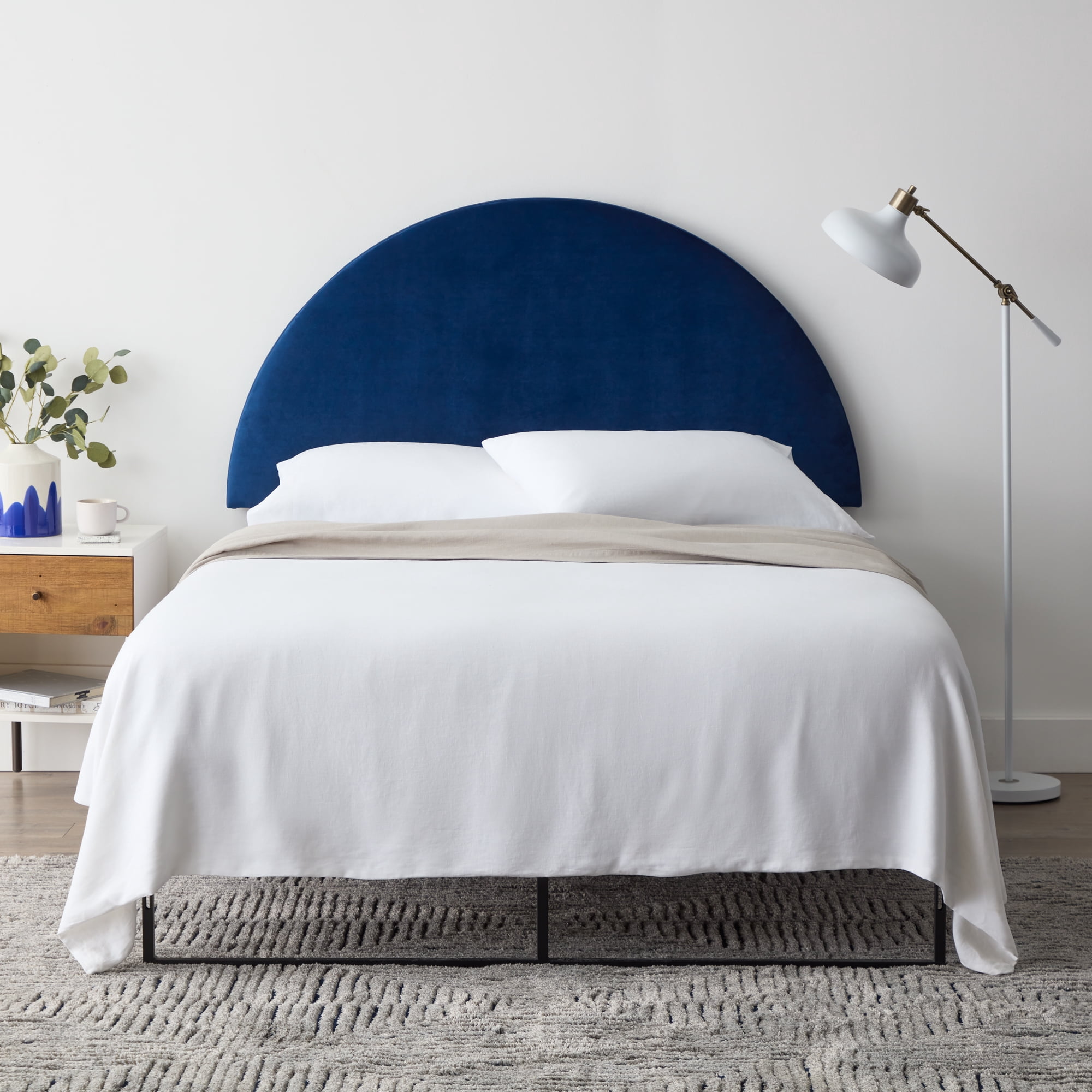 Rest Haven Manchester Half-Moon Modern Upholstered Headboard, Full, Velvet Navy