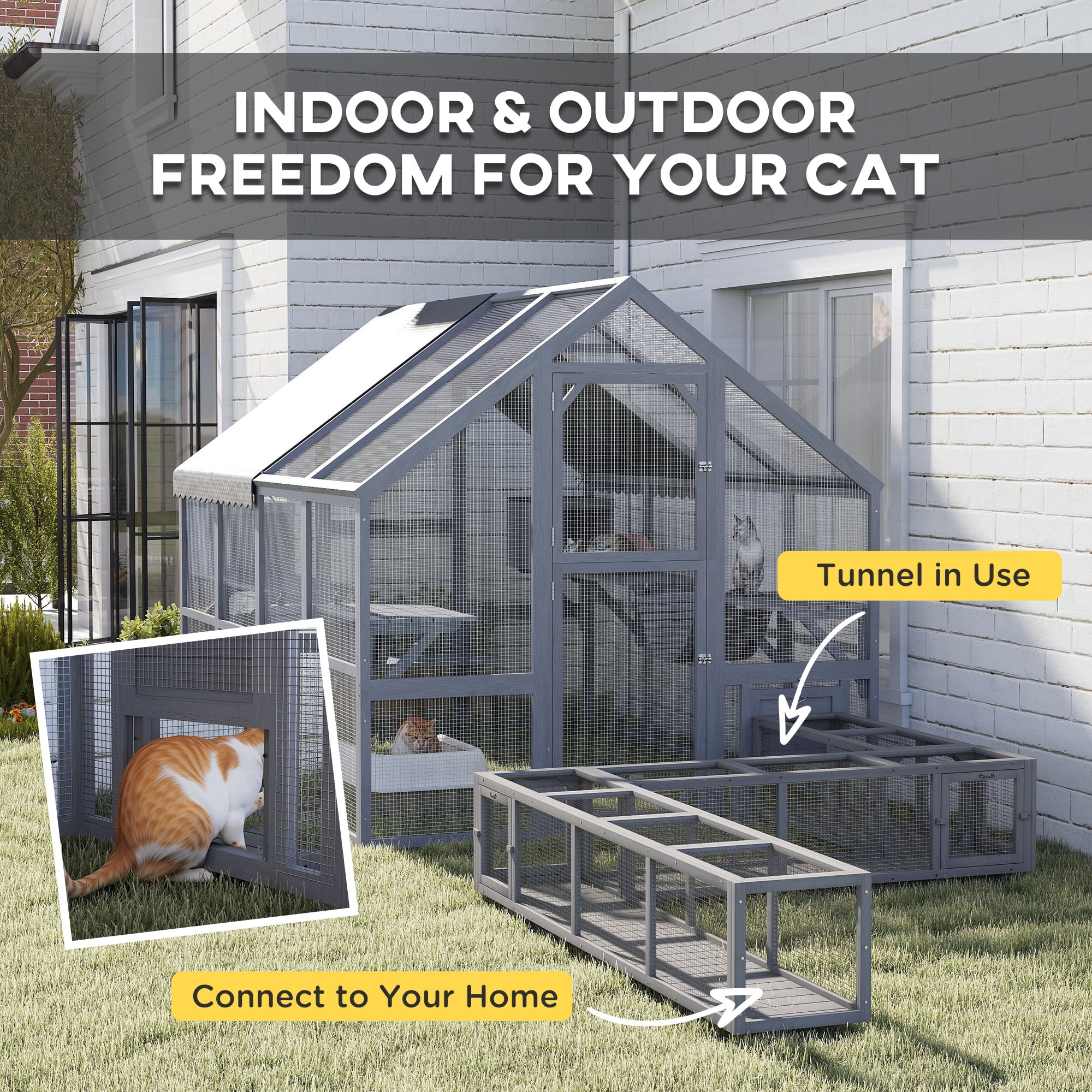 PawHut Large Catio Outdoor Cat Enclosure, Wooden Cat House for Multiple Cats, with Waterproof Cover, 2 Condos, 6 Platforms, Bridge, Doors, Gray