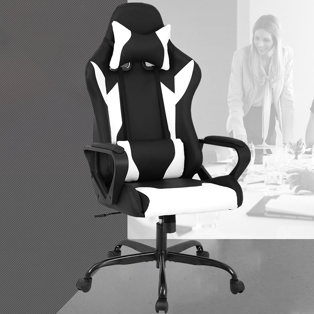 Giantex Ergonomic Gaming Chair High-Back Racing Chair PU Leather with Retractable Footrest and Lumbar Support Adjusting Swivel Office Chair for Women /& Men White