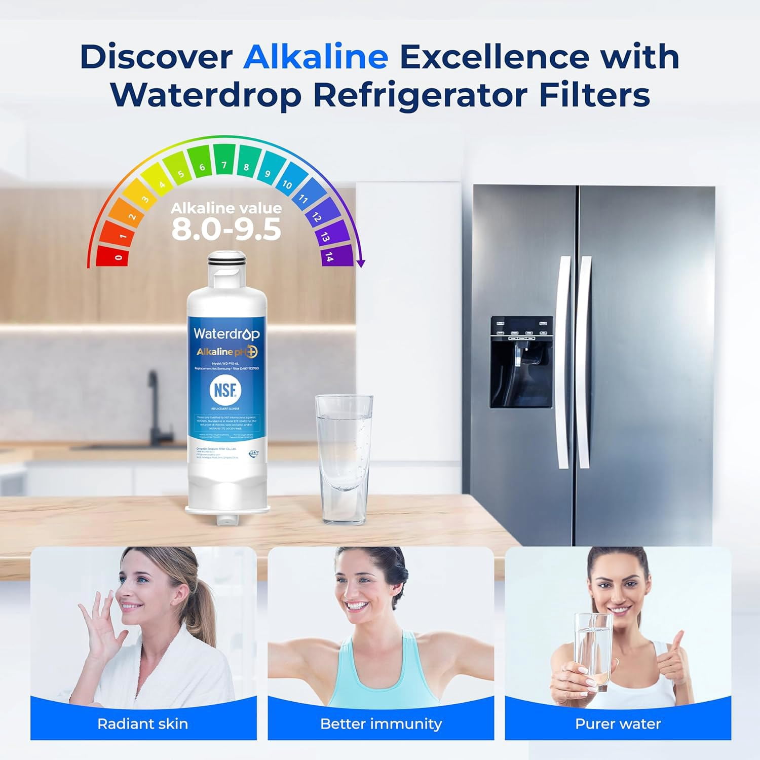 Waterdrop Alkaline WD-F45-AL Refrigerator Water Filter, Replacement for Samsung® DA97-17376B HAF-QIN/EXP, DA97-08006C, RF28R7201SR, RF28R7351SG, Enhances pH, 2 Pack