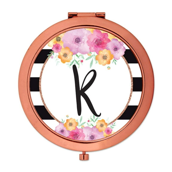 Koyal Wholesale Compact Mirror Bridesmaid's Wedding Gift, Rose Gold, Monogram Letter K, Modern Black White Stripes