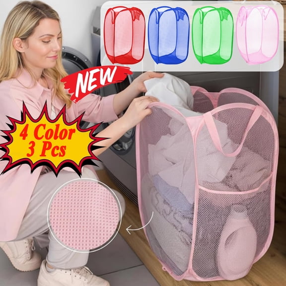 KOYPTL 3 Pcs Foldable Mesh Laundry Basket with Sturdy Handles Space-Saving Design Pop Up Hamper with Wide Opening and Side Pocket for Laundry Room Bathroom s Room College Dorm Travel Essential
