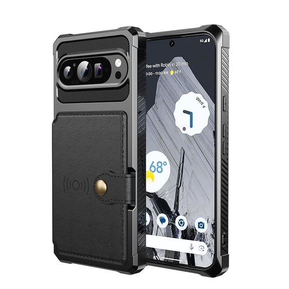 Slim Hard PC Case Compatible with Google Pixel 10a, PU Leather Card Holder Back Case Kickstand Shock-absorbing Car Magnetic Case Cover Designed for Google Pixel 10a, Black