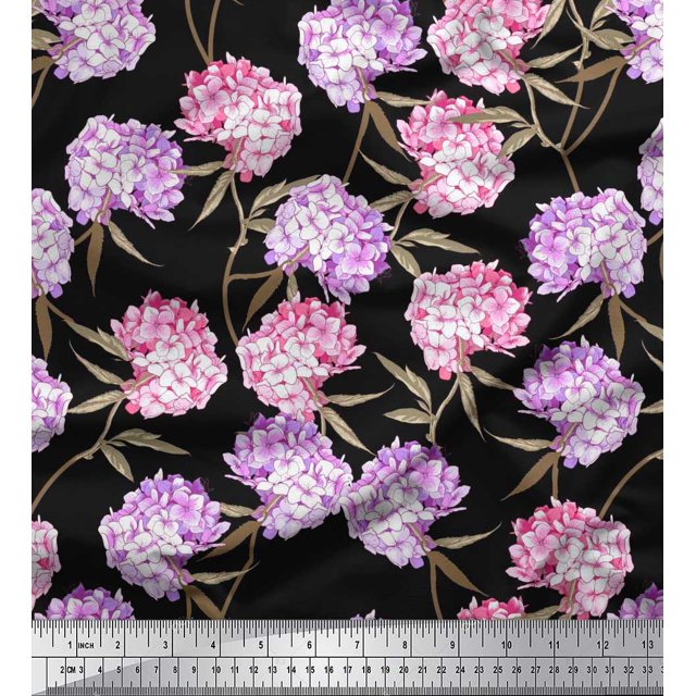 Soimoi Moss Georgette Fabric Leaves & Lilac Floral Printed Fabric 1 Yard 42 Inch Wide