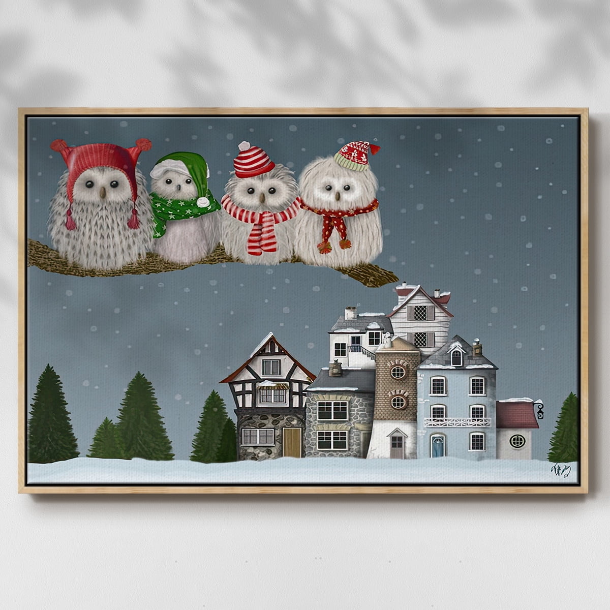 Christmas Christmas Owl Village - Framed Gallery Wrapped Holiday Canvas - 27 x 41 - Natural Wood Frame