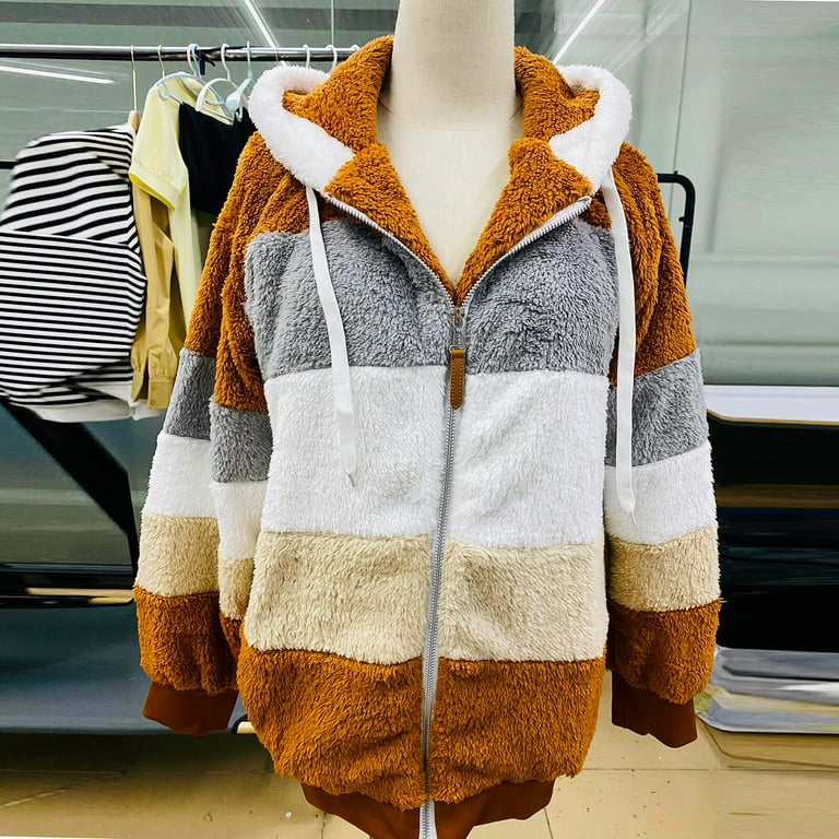 Sczwkhg Outlet Deals Overstock Clearance Womens Winter Coats Fuzzy Fleece  Hoodies Jacket Color Block Patchwork Cardigan Coats Outerwear with Pockets  at  Women's Coats Shop