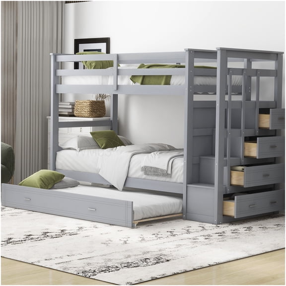 CHAMPFLAG Space-Saving Twin Bunk Bed with Stairs, Pull-Out Trundle & 4 Drawers, Solid Pine Wood, Gray Finish for Guest Room