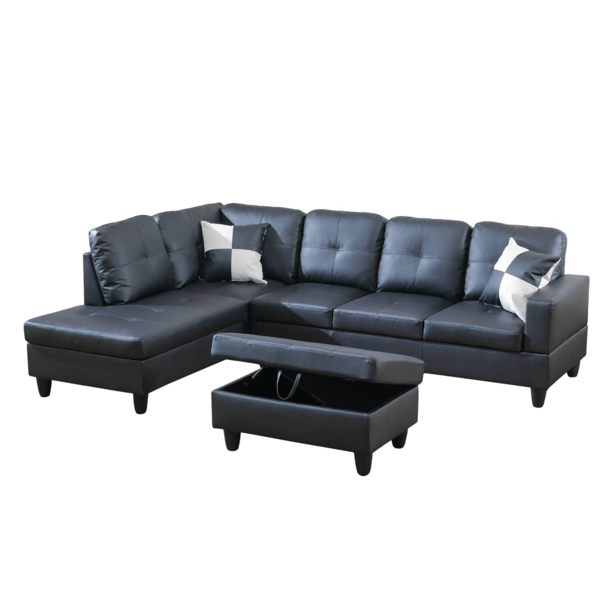 Modern Sectional Sofa Couch, 4-Seaters Leather Sleep Sofa with Left Chaise Lounge , Ottoman Furniture Sets for Living Room